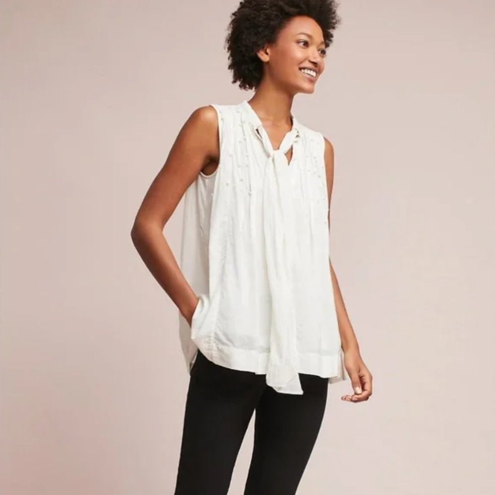 Anthropologie Feather bone Leonie Pearled Tie-Neck sleeveless blouse size Large